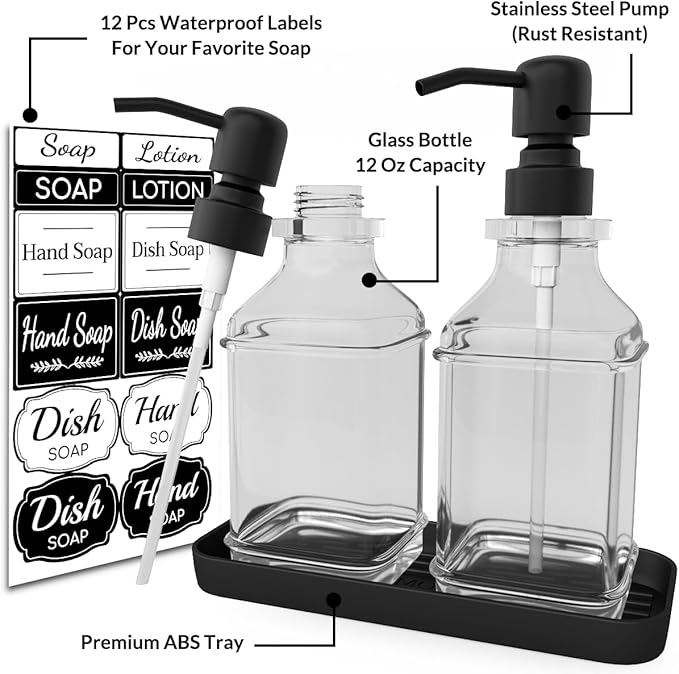 LMQML Soap Dispenser - 2 Pack, Antique Design Thick Glass Hand Soap Dispensers with Sturdy Tray; 304 Rust Proof Stainless Steel Black Pump, 12Pcs Stickers, for Kitchen, Bathroom