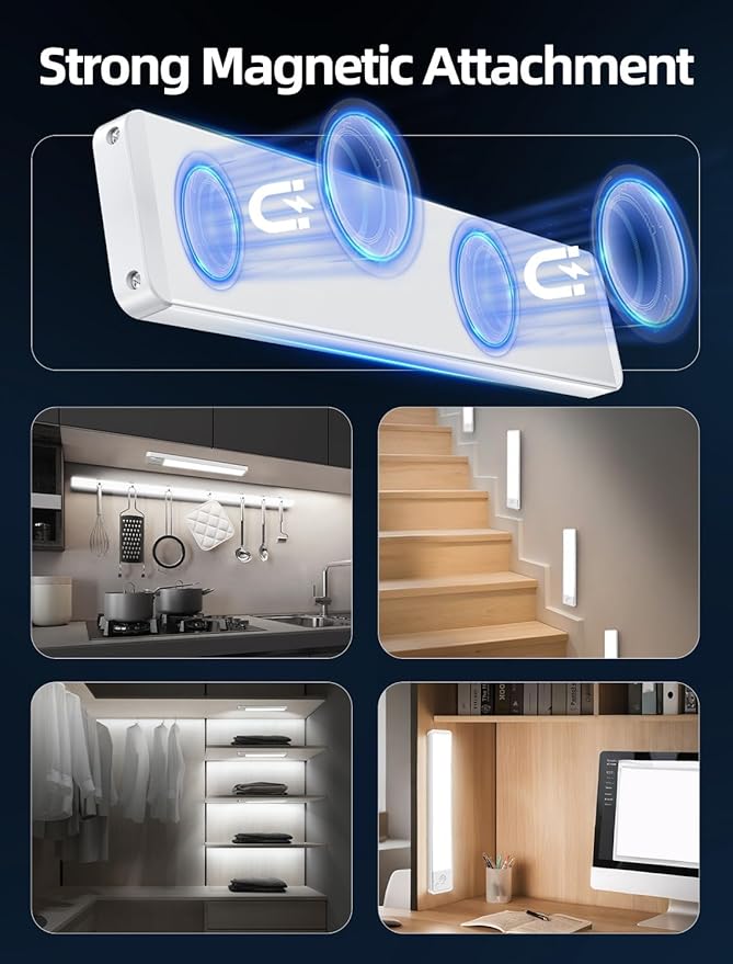 Under Cabinet Rechargeable Lighting: 8 Inch Motion Sensor Dimmable Lights Indoor - Battery Operated Lights - Wireless Closet Light Magnetic Led Light for Kitchen Home Bathroom Counter 2 Pack