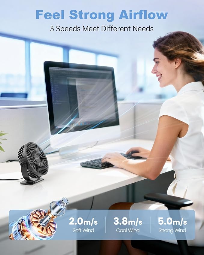 TriPole Desk Fan USB Powered Small Portable Fan, 3 Speeds Adjustable Strong Breeze Mini Personal Fans, 360° Rotation Quiet Plug In USB Fans for Desktop Bedroom Office Table Travel, Black, 4.9ft Cable