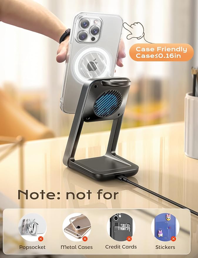 3 in 1 Charging Station for iPhone, Magsafe Wireless Charger with Cooling Fan for iPhone 16 15 14 13 12 Series & Apple Watch Charger 10/Ultra 2, Wireless Charging Station for AirPods 4/3/Pro/Pro 2
