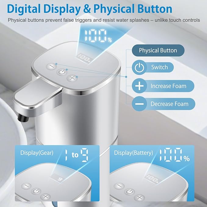 Automatic Foaming Soap Dispenser Touchless, Digital Display 9-Level Adjustable Smart Hand & Dish Soap Dispenser, USB Rechargeable, 13.5oz/400mL Wall Mounted for Bathroom Kitchen, Hotel, Restaurant