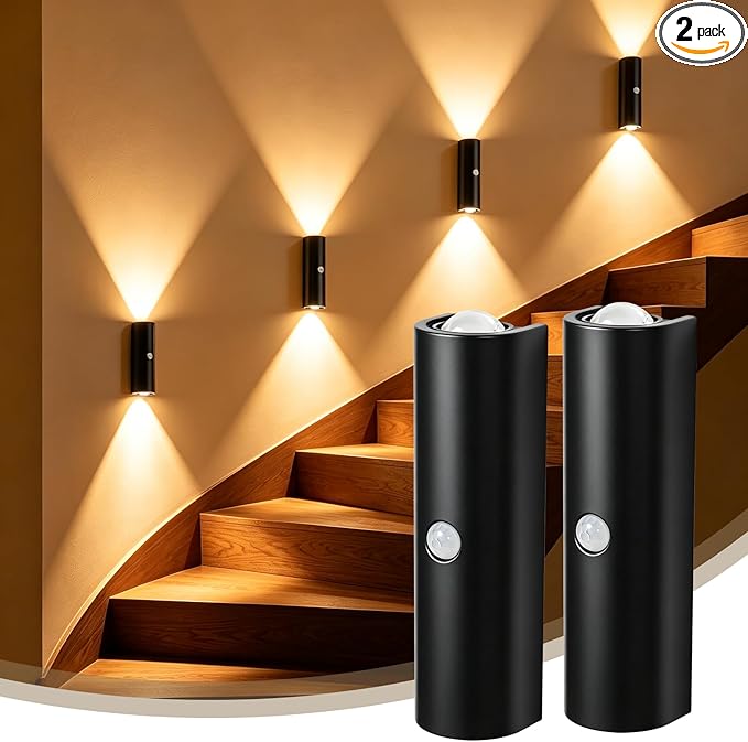 2 Pack Motion Sensor Wall Light, Rechargeable Wall Sconces Battery Operated with 3 Colors & Dimmable, Magnetic Wireless Wall Sconces for Stair Bedroom Hallway Bathroom (Black)