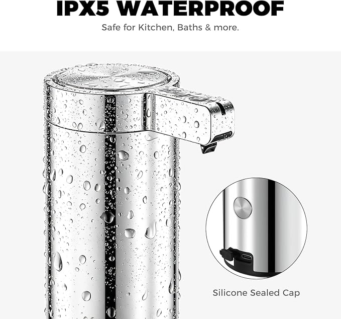 Touchless Automatic Soap Dispenser Wall Mount Stainless Steel with Sensor Infrared 9 oz Electric IPX5 Waterproof USB-C Charging Motion Sensor for Kitchen & Bathroom (Chrome Silvery)