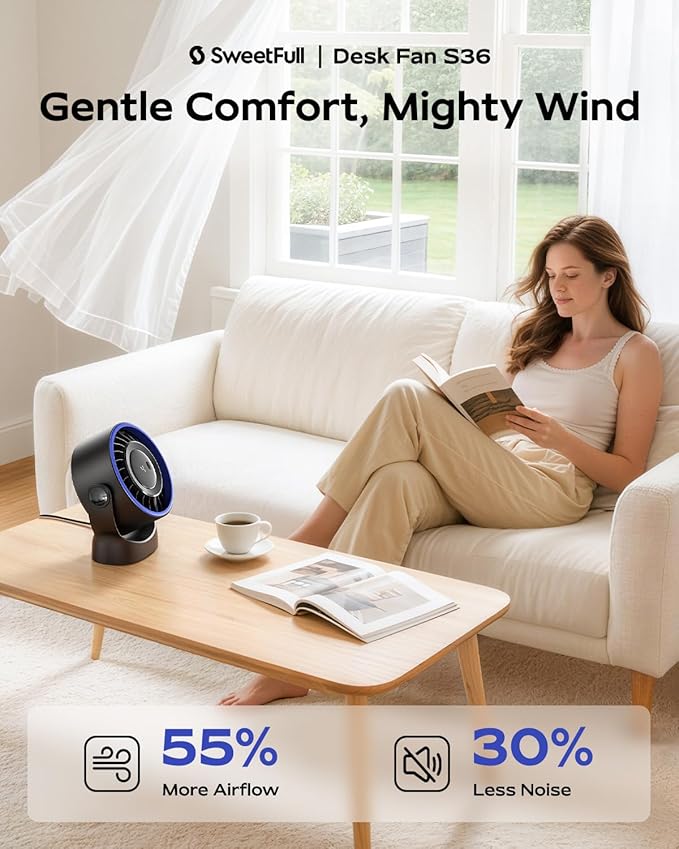 SWEETFULL USB Small Desk Fan - 5 Inch Mini Personal Desktop Fan, 4 Speeds Cooling Strong Airflow, 360° Adjustable Tilt, Quiet Portable Table Fans for Bedroom, Home, Office, Travel & Cruise, Black