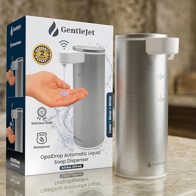 GentleJet OpalDrop Automatic Liquid Soap Dispenser for Kitchen Sink Touchless No-Drip Pump, USB-C Rechargeable, 304 Stainless Steel, IPX5 Water-Resistant, 270 ml