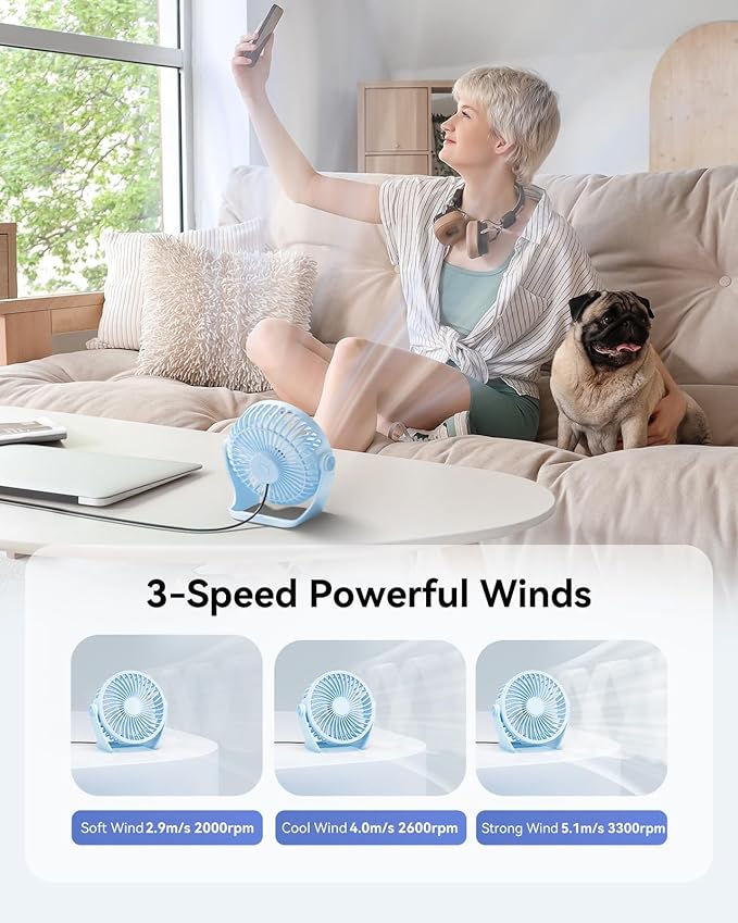 Edvision USB Desk Fan, 5 Inch Small Portable, 3 Speeds Powerful Wind Mini Personal Desktop Fan 360° Rotation Adjustable, Plug In USB Fan Quiet for Table Home Office Travel Car(Blue)