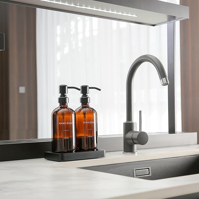 Prus Waso Amber Soap Dispenser Set, Soap Dispenser for Kitchen Sink with Black Stainless Steel Pump, Perfect for Kitchen Accessories Decor. (Amber)