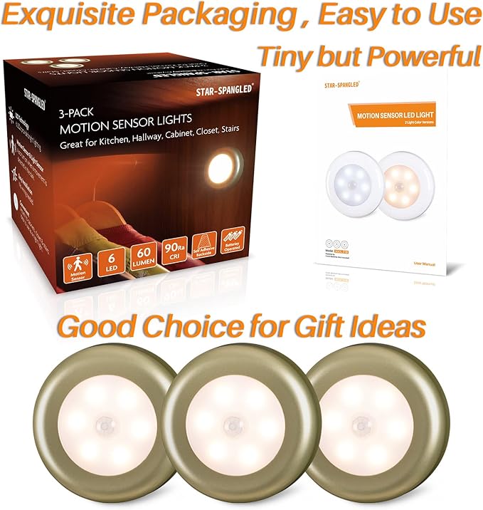 STAR-SPANGLED 3 Pack 2.8” Motion Sensor Lights Indoor AAA Battery Operated, Stick on LED Puck Light for Stairs, Under Cabinet, Closet (Golden, Warm White)