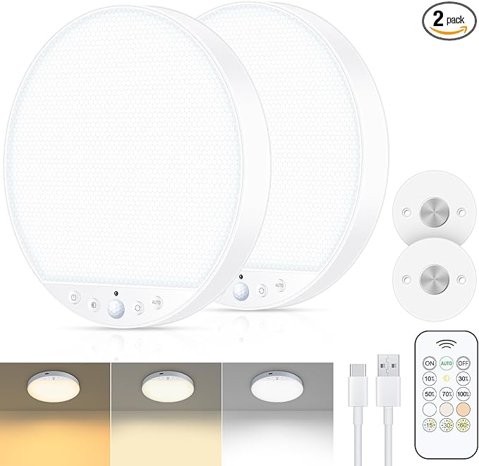 Rechargeable 6W Motion Sensor Ceiling Light Indoor, No Wiring & Magnetic Stick-On, Remote Control for Color & Brightness, Battery Operated Light for Shower, Closet, Bathroom, Pantry, Hallway, 2-Pack