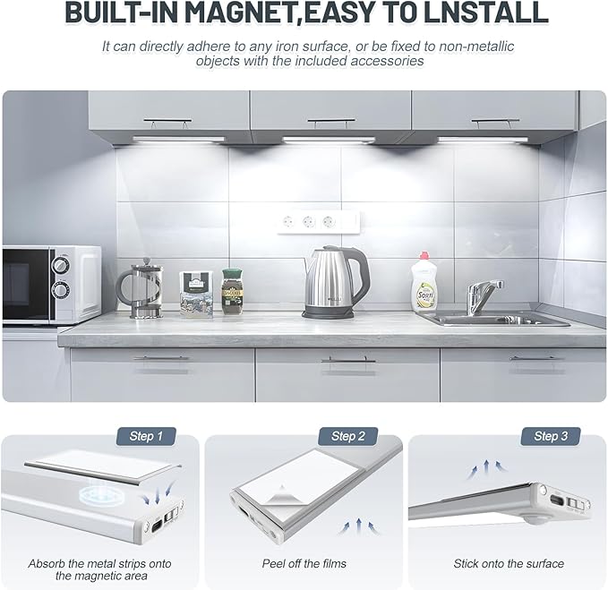 6 Pack Under Cabinet Lights Wireless, 68 LED Motion Sensor Light Indoor Rechargeable Magnetic Closet Lights Battery Operated, Under Counter Lights for Kitchen, Wardrobe, Hallway, Stairs