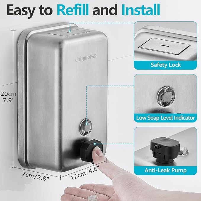Commercial Wall Mounted Soap Dispenser, 1100ML - Stainless Steel, Easy Wall Mount Installation, Anti-Leak Pump, Corrosion Resistant, Ideal for Commercial, Household, Office Use(37.19 fl.oz.)