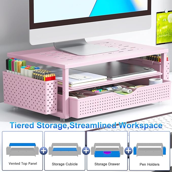 gianotter Desk Organizers and Accessories, Monitor Stand with Drawer and 2 Pen Holder, Desktop Organizer Suitable for Offices and Dormitories (Pink)