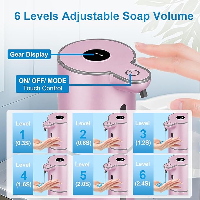 OHIFAST Automatic Liquid Soap Dispenser Touchless, USB Rechargeable Smart Hand Soap Dispenser, 6-Level Adjustable, 12.8oz/380mL Wall Mounted for Bathroom Kitchen Accessories Dish Soap-Rose Gold