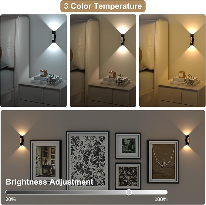 WOBSION Motion Sensor Wall Light with Remote Control, Rechargeable Wireless Wall Sconce, Brightness Adjustable, 3 Color Mode,Indoor Lamp for Hallway, Bedroom,Picture,LED,Black,2 Pack