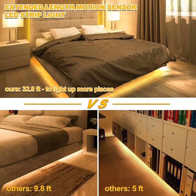 MY BEAUTY LIGHT Motion Activated LED Strip Lights, 32.8ft LED Light Strip with Day or Night 2 Lighting Modes,3 Timing Off Modes,Warm White 12v Plug-in LED Rope Lights for Under Cabinet,Kitchen,Stair
