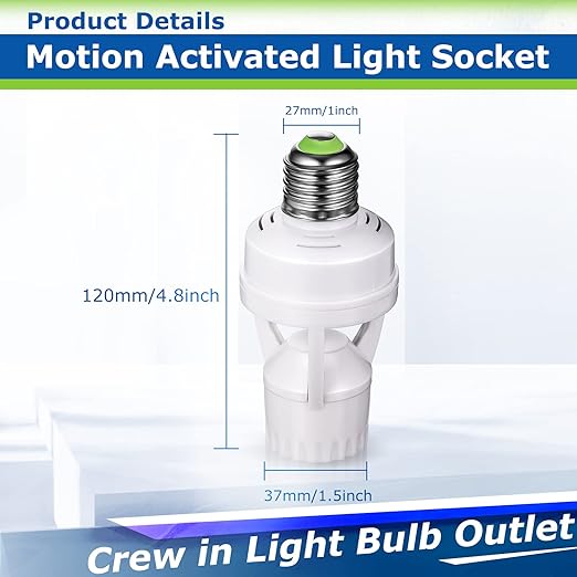Hortsun 3 Pcs Motion Sensor Light Socket Smart Screw in Light Bulb Outlet Compatible with E26/e27 Motion Activated Bulb Holder Adapter Automatic Control for Porch Garage Storage Room (White)