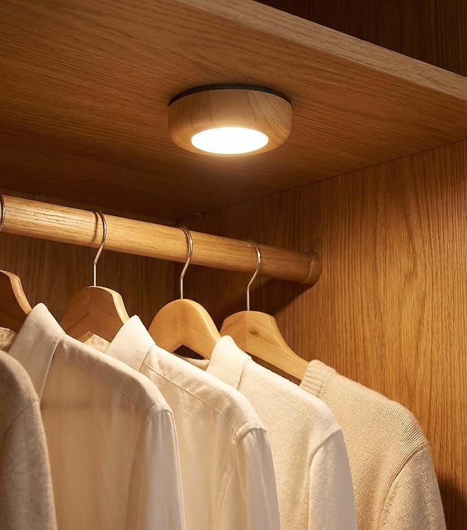 Wood Grain LED Puck Light, 6 Pack Wireless Tap Light Battery Operated, 6000K Daylight White Push Light for Under Cabinet, Closet, Wardrobe, Shelf