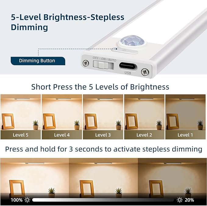 12inch Under Cabinet Lighting, 4 Pack Rechargeable Motion Sensor Light Indoor, Wireless Dimmable Magnetic Closet Lights, 50 LED Under Counter Lights for Kitchen, Wardrobe, Stairs, Warm Light