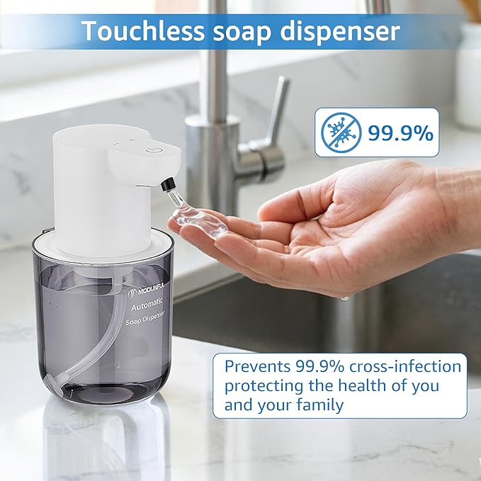 Automatic Soap Dispenser for Kitchen Sink - Wall-Mount & Countertop: 4-Level Adjustable, 13.5oz Clear Plastic IPX5 Rechargeable, Suitable for Kitchen Sink & Bathroom (White)
