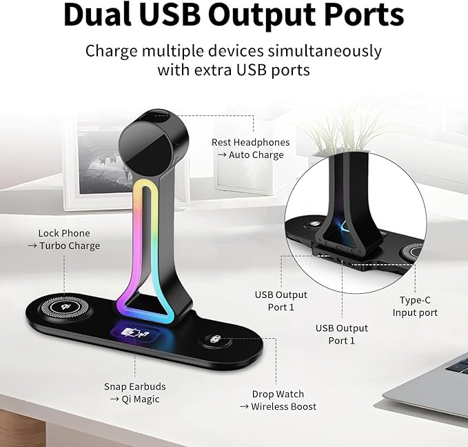 Transform Your Desk – 3-in-1 Wireless Charging Station with Headphone Stand, Dual USB Ports, 15W Fast Charger for Phone/A-irPods/A-pple Watch, RGB Light, LED Alarm Clock – Charge 5 Devices at Once