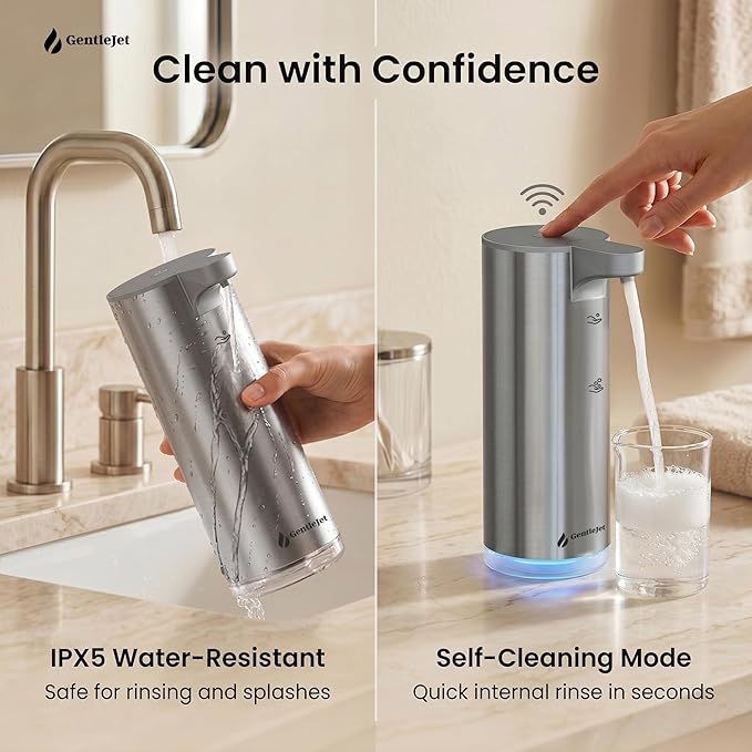 GentleJet EasyFoam Automatic Foaming Soap Dispenser, Touchless USB-C Rechargeable Sensor Pump, 304 Stainless Steel, Adjustable Foam, IPX5 Water-Resistant for Bathroom & Kitchen, 10 fl oz / 300 mL