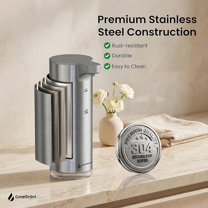 GentleJet EasyFoam Automatic Foaming Soap Dispenser, Touchless USB-C Rechargeable Sensor Pump, 304 Stainless Steel, Adjustable Foam, IPX5 Water-Resistant for Bathroom & Kitchen, 10 fl oz / 300 mL