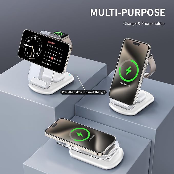 RYND 2026 Travel Wireless Fast Charging Station,Magnetic 3 in 1 Charger with Light for iPhone16 15 14 13 12 Pro Max Plus,Apple Watch Series & Air pods 4 3 2 Pro-Gifts for Wife & Husband(Pink)