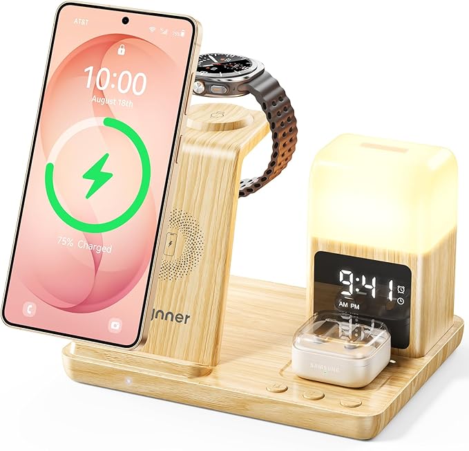 6 in 1 Wireless Charging Station for Samsung Android with Clock & Night Light，Alarm Clocks for Bedrooms,Wireless Charger Stand Beside Clock for Galaxy S26 S25 S24 Ultra Galaxy Watch Galaxy Buds