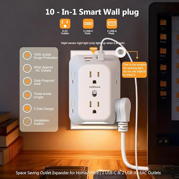 Outlet Extender Surge Protector, 6 Outlet Surge Protector Extender with 4 USB Ports (2 USB C) and Night Light, 1050J 4 Sided Multi Plug Wall Outlet for Home Office Dorm Essentials