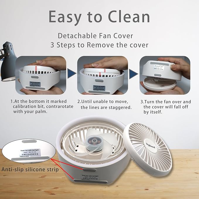 Digibond Small Desk Fan, Ultra Quite USB Fan Portable 3000mAh Rechargeable Battery Operate, High Power 3 Speed 5.3in With Ambient Light/Hook 180°Rotated Easy Clean (White)