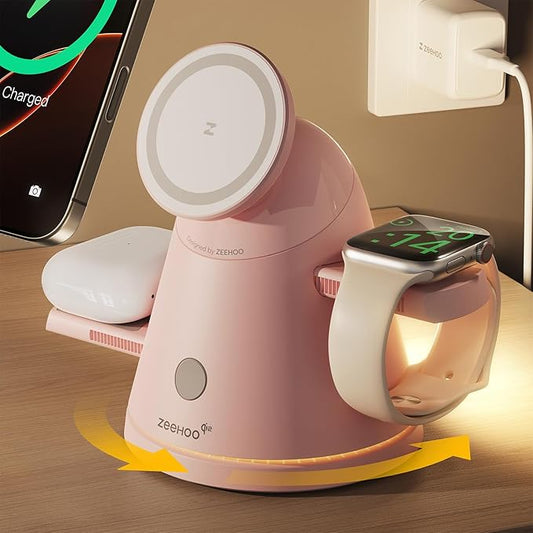ZEEHOO 3 in 1 Charging Station for Apple Devices,Qi2 Mag-Safe Charger Stand&Light,Fast Wireless Charging Station for iPhone 17/16/15/14/13/12&AirPods&iWatch &Pixel 10&Samsung Galaxy Watch,30W Adapter