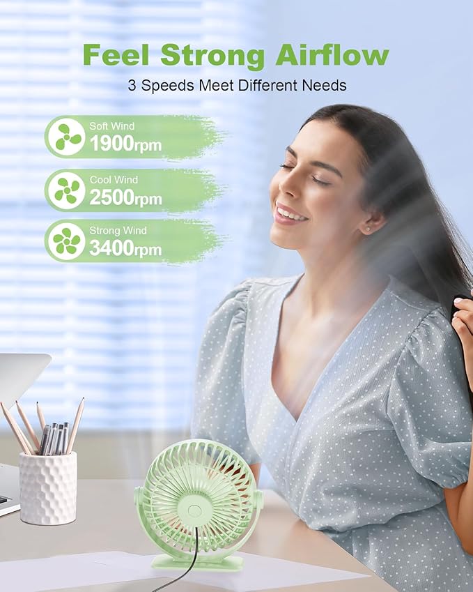 TriPole USB Desk Fan Mini Portable Fan, 3 Speeds Strong Breeze Small Electric Fans, 360° Rotation Quiet Plug In Personal USB Fans for Desktop Bedroom Office Table Travel Cruise, Green, 4.5in