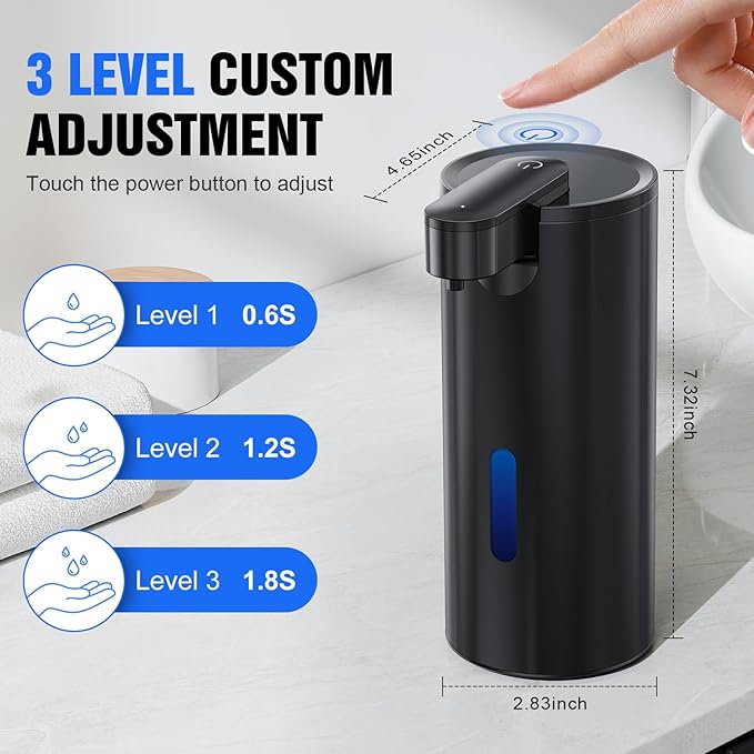 Fantictas Automatic Soap Dispenser Touchless, Stainless Steel 11.5 oz 3 Levels Adjustable Hand Soap Dispenser with Rechargeable Sensor Pump for Kitchen & Bathroom Liquid Soap, Black
