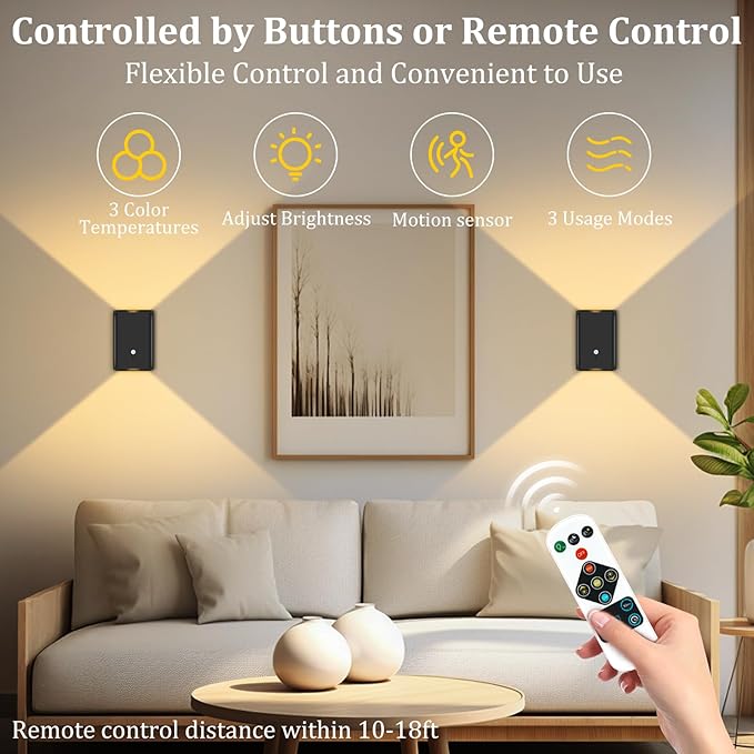 Eneru Rechargeable Motion Sensor Night Light: 5000mAh Black Battery Operated Wall Sconce with Remote Control, 3 Colors Wireless Stair Lights Indoor, Magnetic LED Night Lamp for Hallway Porch, 1 Pack