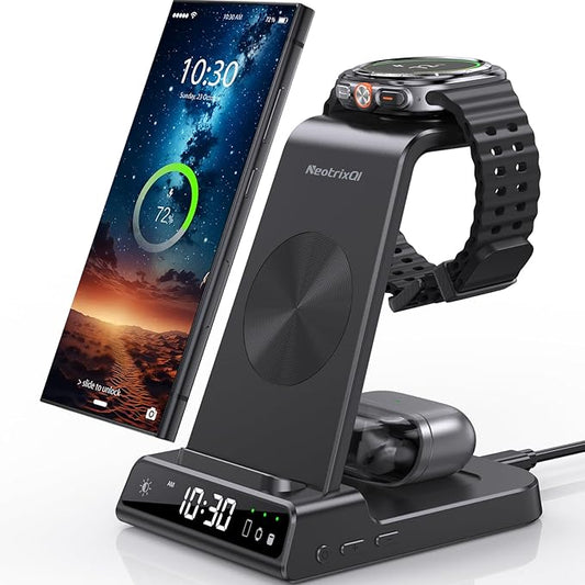 Wireless Charger for Samsung Charging Station: 3 in 1 Android Charging Stand with Dimmable Clock - Nightstand Organizer for Galaxy S25 Ultra, Galaxy Watch 8 7 6 5 4, Galaxy Buds (Not for iWatch)