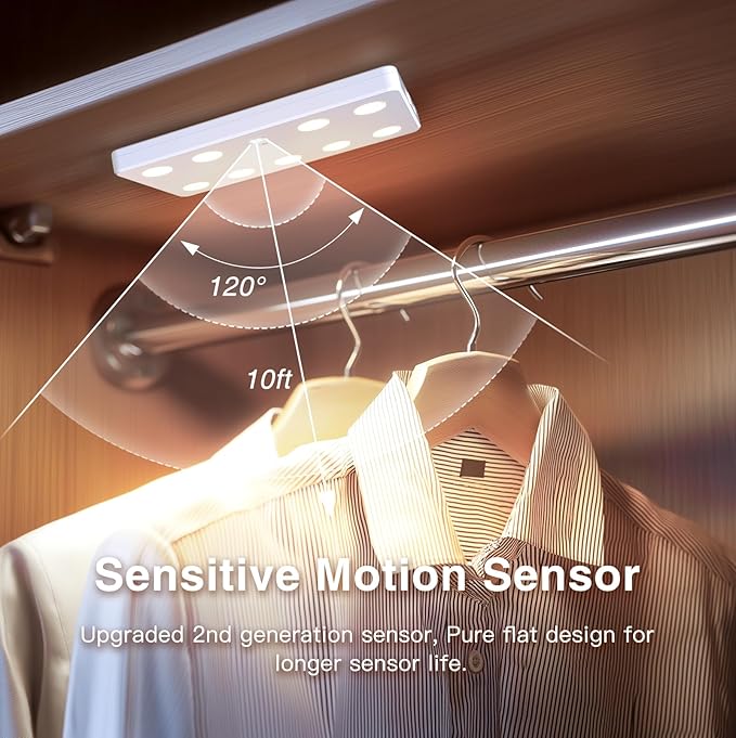 VST 9-LED Motion Sensor Cabinet Light, Ultra-Thin Magnetic Under Cabinet Light, USB Rechargeable, Warm White, 2-Pack, Ideal for Cupboards, Gun Safe, Closet, Car Trunk, Kitchen, Garage,Pantry,Wardrobe