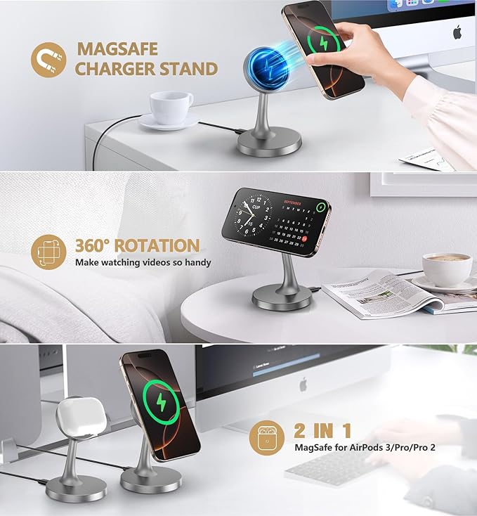 TXXTOL Magnetic Wireless Charger iPhone Stand, 15W Fast Mag-Safe Charger iPhone 17/17 Air/17 Pro/17 Pro Max 16/15/14/13/12 Series Magnet Wireless Charging Station/Pad/AirPods for Home, Office, Travel