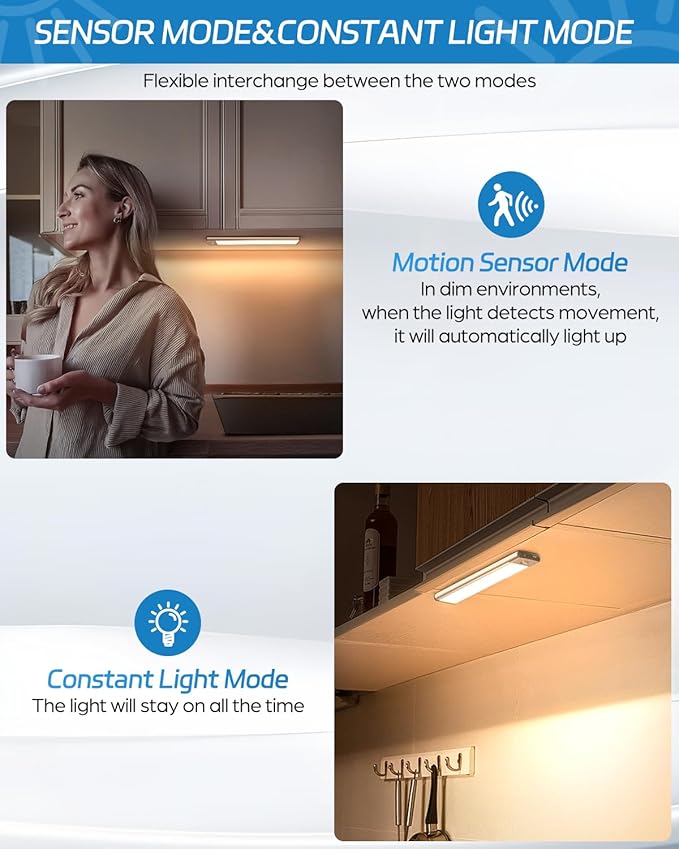 HIBOITEC Led Under Cabinet Lighting Motion Sensor Under Counter Light with 1000mah Rechargeable Battery, 30 LEDs Wireless Cabinet Lighting for Kitchen, Drawer, Warm White 2Pack