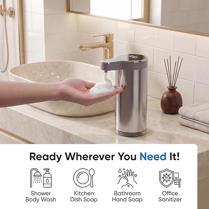 Touchless Foaming Soap Dispenser, 0.2s Sensor, USB-C Rechargeable, Clog-Free Pump, Adjustable Foam, Smudge-Resistant Stainless Steel, 300ml/10.1oz, IPX5 Water Resistant, for Kitchen & Bathroom