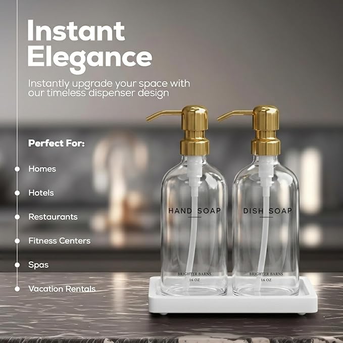 Luxury Glass Hand and Dish Soap Dispenser Set by Brighter Barns - Gold Kitchen Soap Dispenser Set with Stainless Steel Pumps and Ceramic Tray - Modern Kitchen Decor for Home, Airbnb, Gift (Clear/Gold)