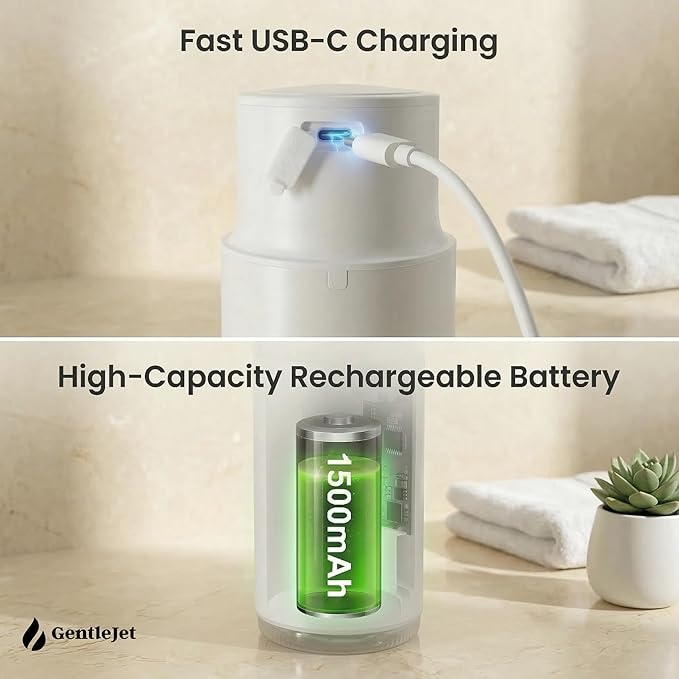 GentleJet CrystalJet Automatic Liquid Soap Dispenser Touchless Sensor, Stainless Steel, USB-C Rechargeable, Waterproof Kitchen & Bathroom Countertop Soap Dispenser, 300 ml