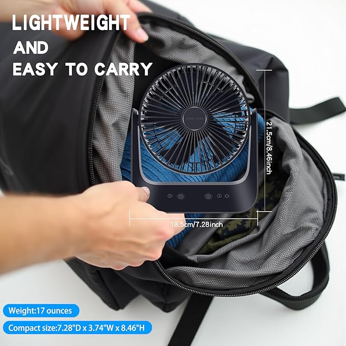 5000mAh Small Desk Fan 6-Inch, Portable Desktop Fan with Intelligent temperature control function,Small Battery Operated USB Fan with Light & Hook for Bedroom, Home, Office, Travel & Cruise
