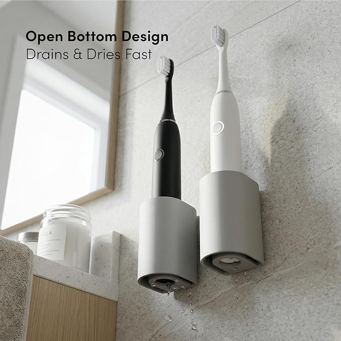 xympo Aluminum Electric Toothbrush Holder (2-Pack) – Wall Mount with Charging Cable Slot – Self Adhesive, Minimalist Design, Fits Most Electric Toothbrushes