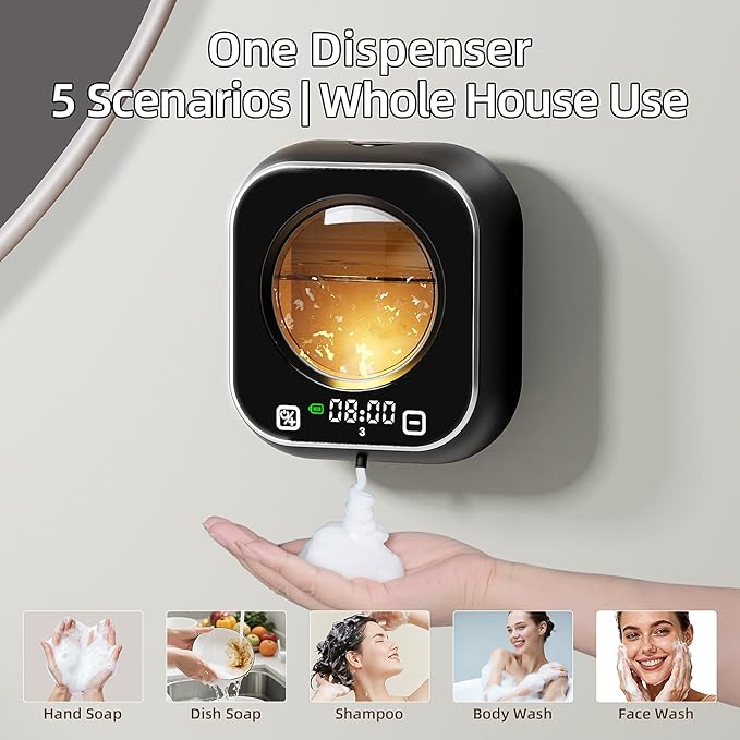 Automatic Foaming Soap Dispenser, Wall Mounted Soap Dispenser, 320ML Electric Smart Touchless Rechargeable, 5 Adjustable Foam Levels, No-Drill Waterproof for Bathroom, Kitchen, Office (Black)