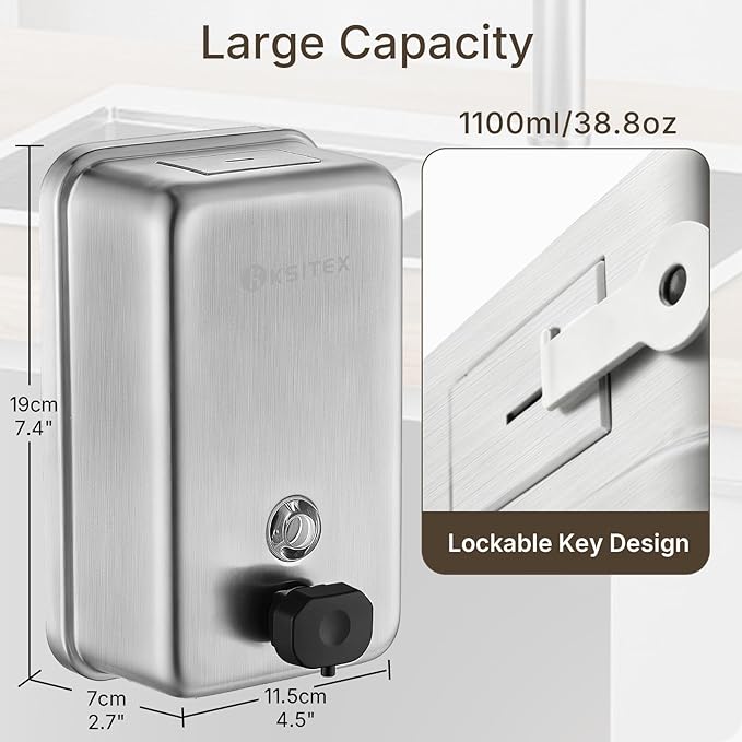 Stainless Steel Soap Dispenser Wall Mounted, 37oz Commercial Hand Soap Dsipenser, Manual Anti-Leak Pump Liquid Soap Dispenser, Rust-Proof Lining Hand Sanitizer Lotion Dispenser for Bathroom (37 OZ)