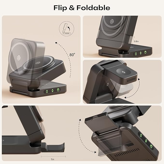 Wireless Charger 3 in 1, Foldable Charging Station for Apple Samsung Multi Devices Charging, Magnetic Charging Stand, Portable Travel Fast 15W Charger Station for iPhone, TWS, iWatch (Black)