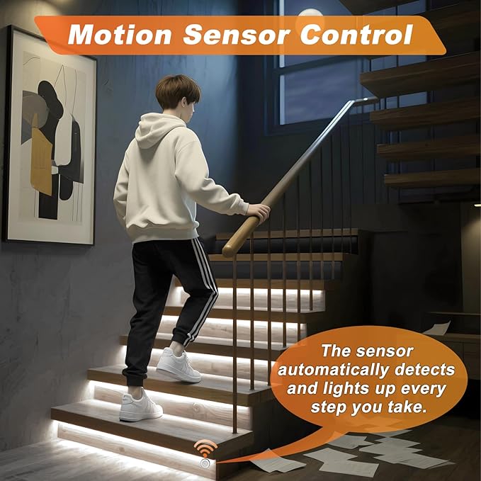 Smart Motion Sensor Stair Light for Indoor, No Wiring Required 40 inches Long COB LED Stair Lights Indoor with Remote Controller (Cool White 6000K, 16 Stairs)