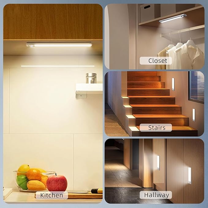 Under Cabinet Lighting Wireless, 4 Pack Under Cabinet Lights Rechargeable, Motion Sensor Light Indoor, 3 Color Temps, 5 Levels Dimmable Magnetic Closet Lights, Under Counter Lights for Kitchen, Stairs