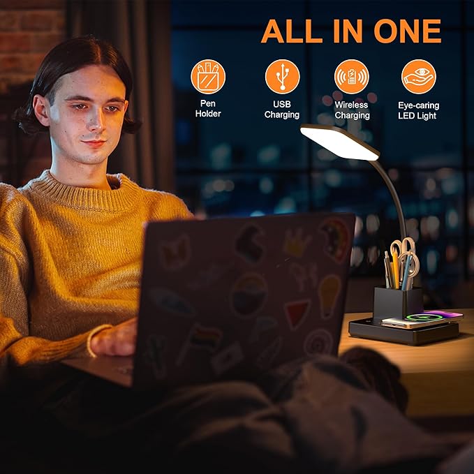 Desk Lamp, Table Lamp with Wireless Charger & USB Port, 800LM CRI95 3 Color Modes Dimmable Touch Flexible Arm Pen Holder, LED Desk Lamps for Home Office, College Dorm Room, Adapter Included