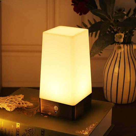 WRalwaysLX 3 Modes Battery Powered Small Table Lamp,Bedside Lamp Wireless PIR Motion Sensor LED Night Light,USE 3x1.5VAAA Battery,Sensitive Portable Moving Lamp for Kids Room,Hallway,Bedroom